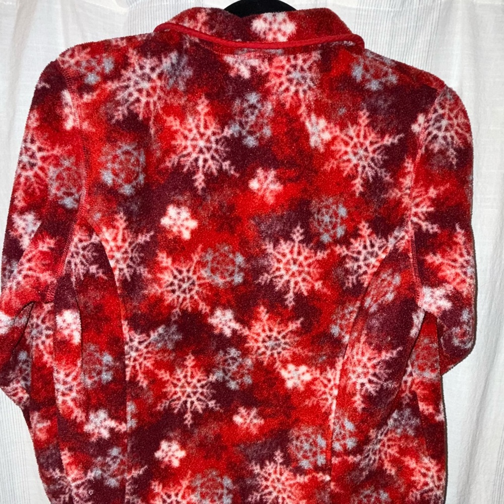 LL Bean Fleece Half Button Pullover Red Snowflake Print Womens Medium - Picture 2 of 4